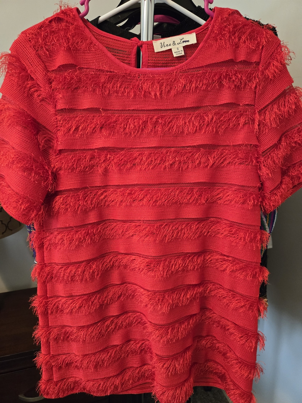 Vine & Love Vibrant Red Fringe Ribbed Short Sleeve Top
